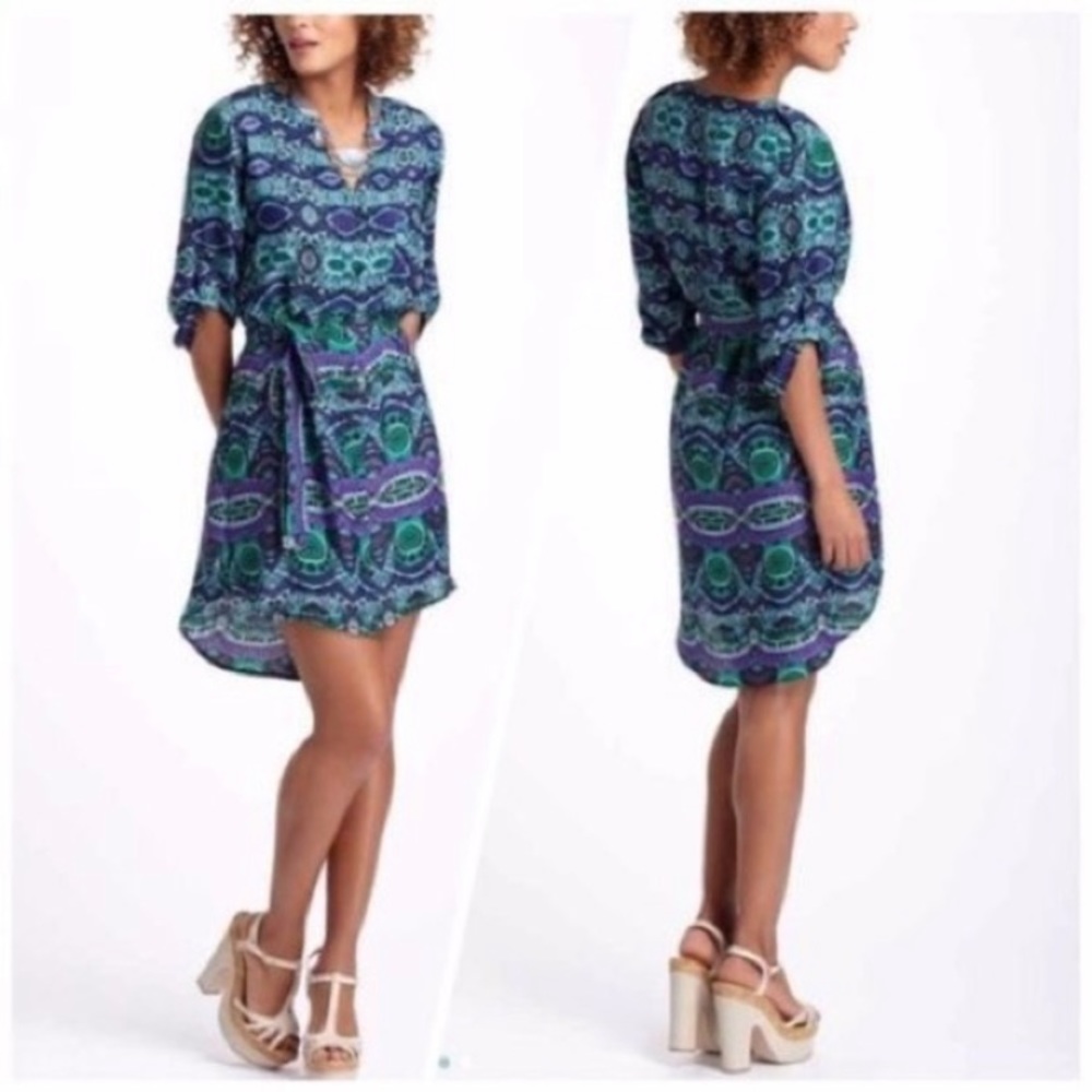 Anthropologie Maeve Ikat Frequencies Purple Motif Print Shirt Dress Size…